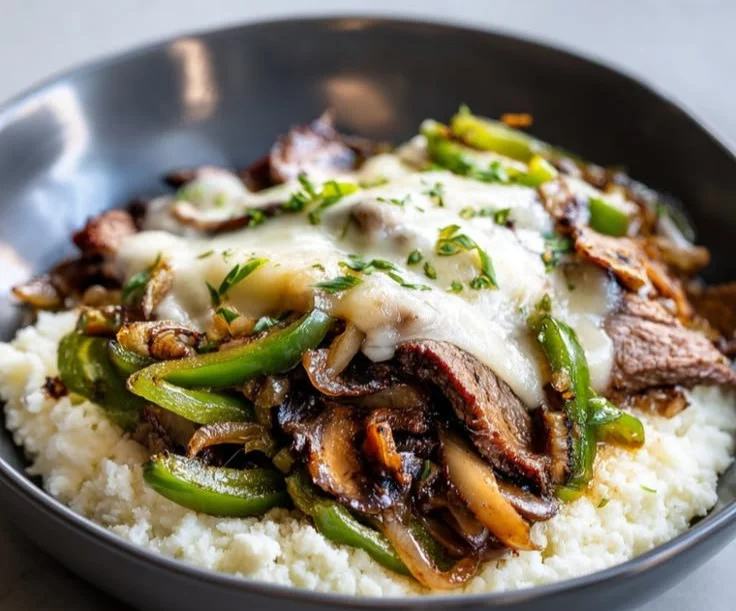 Delicious Philadelphia cheesesteak bowls garnished with peppers and onions