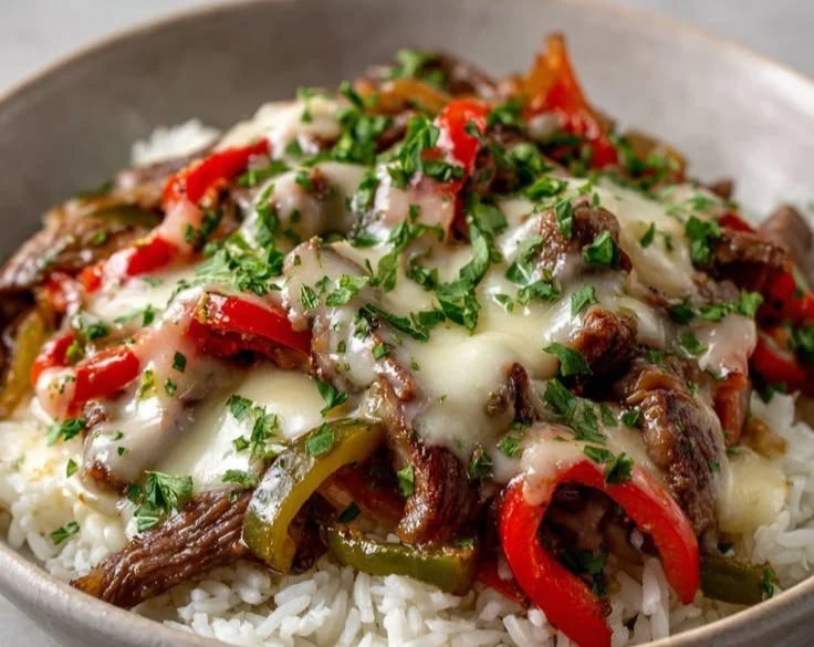 Delicious Philly Cheesesteak Bowl featuring steak, cheese, and toppings.