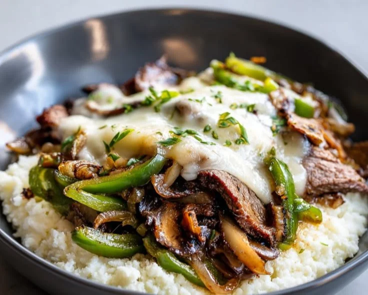 Philly cheesesteak bowls with meat, peppers, and cheese in a flavorful dish.