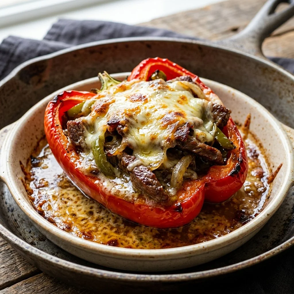 Delicious Philly Cheesesteak stuffed peppers with melted cheese and fresh ingredients