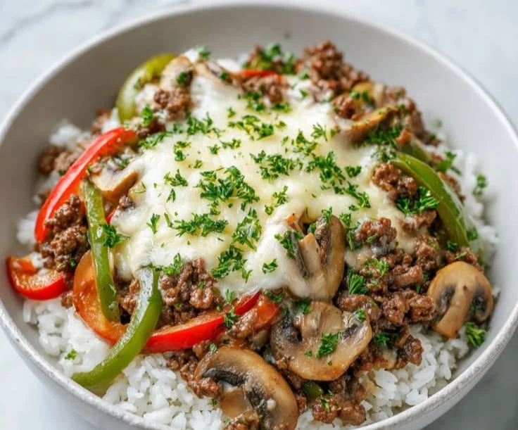 Delicious Philly cheesesteak made with ground beef, onions, and melted cheese.