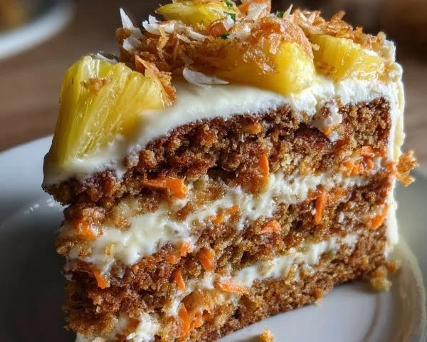 Pineapple Carrot Cream Cake decorated with cream cheese frosting and pineapple slices