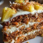 Sliced Pineapple Carrot Cream Cake topped with cream and fresh pineapple slices