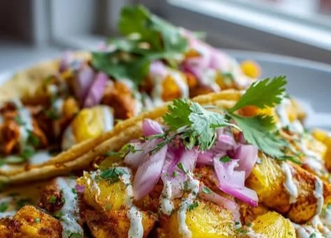 Pineapple Chicken Tacos garnished with Chipotle Mayo on a rustic wooden plate.