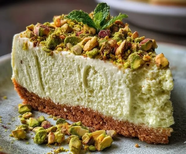 A slice of homemade pistachio cheesecake garnished with crushed pistachios