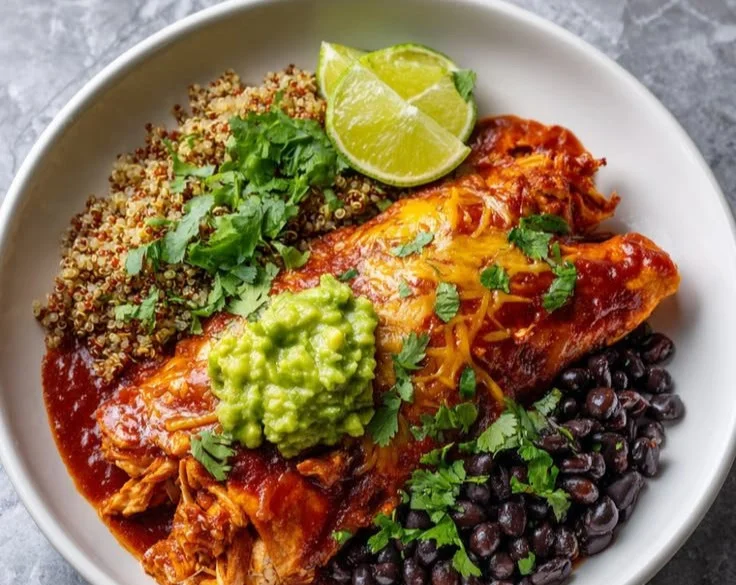 Delicious protein-packed chicken enchilada bowls topped with fresh ingredients