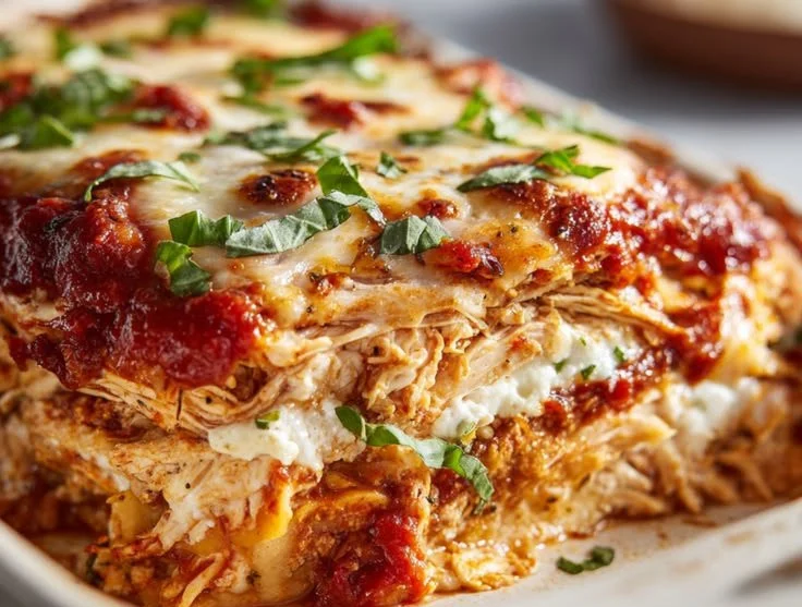 Delicious protein-packed chicken parmesan casserole fresh out of the oven