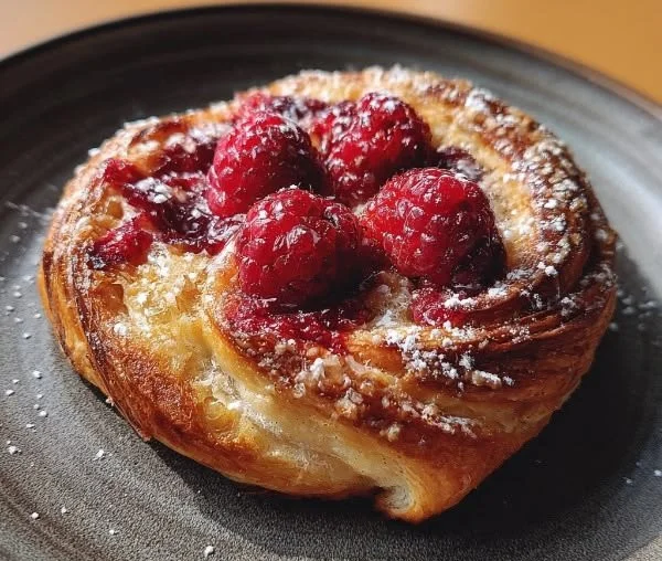 Freshly baked Raspberry Danish Bun with Sugar on a rustic wooden table