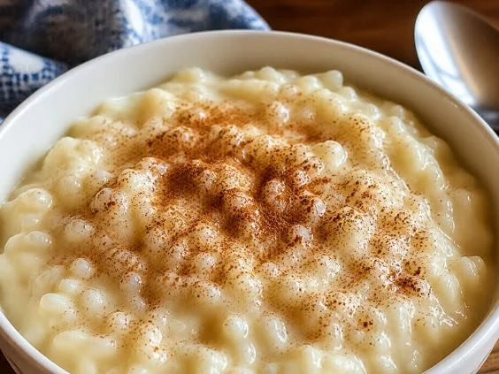 Delicious homemade rice pudding topped with cinnamon and raisins