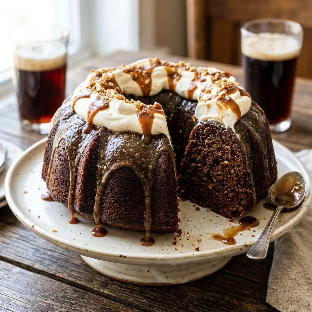 Delicious Root Beer Float Cake topped with whipped cream and root beer swirls