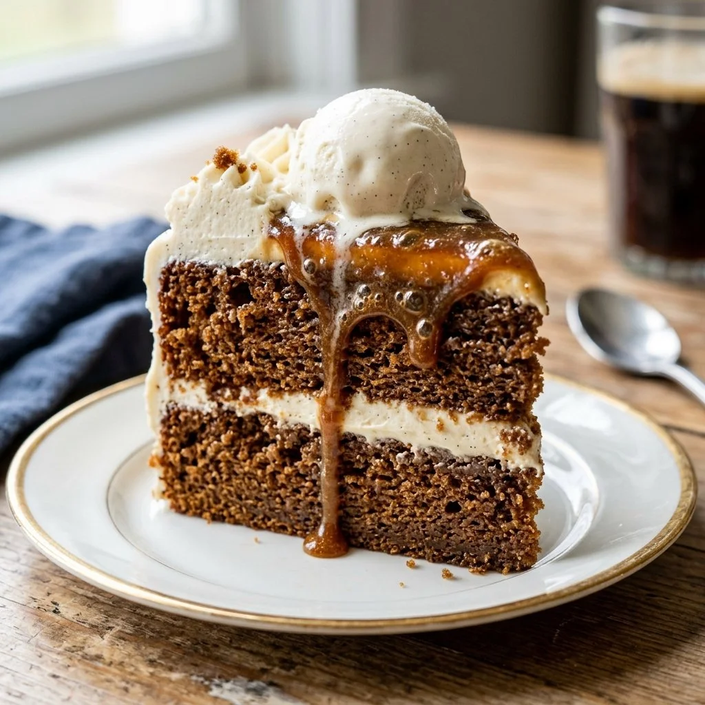 Delicious Root Beer Float Cake topped with whipped cream and a cherry
