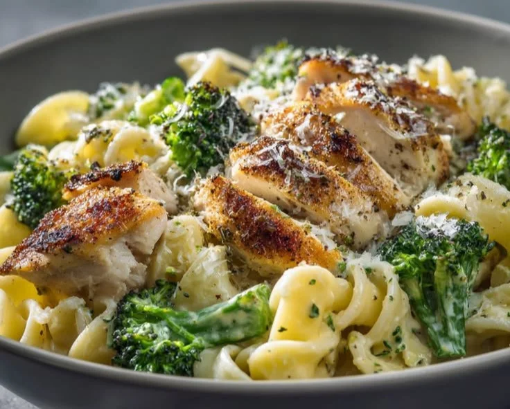 Rotisserie chicken and broccoli pasta dish served in a bowl