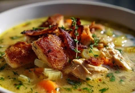 Bowl of rotisserie chicken soup with crispy topping