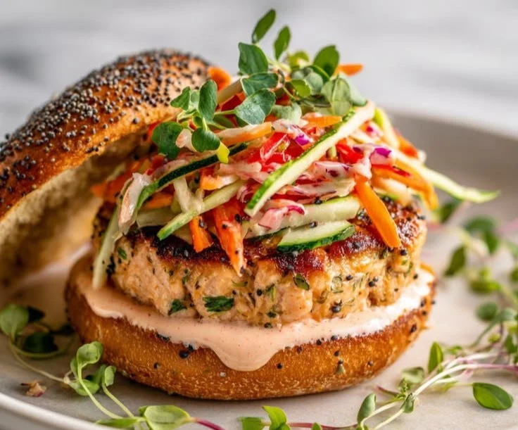 Delicious salmon burgers served with spicy sriracha slaw on a wooden table.