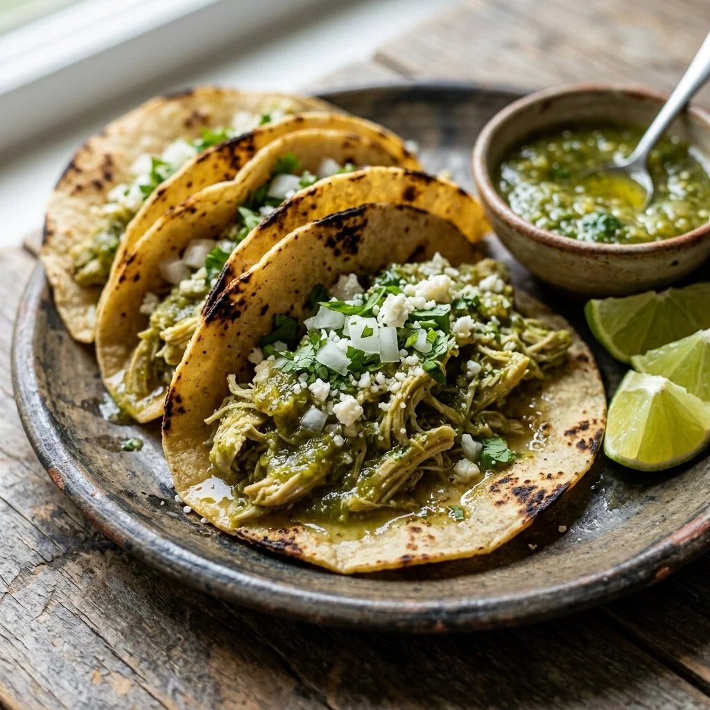 Delicious salsa verde chicken tacos with fresh toppings on a plate