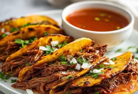 Delicious slow cooker birria tacos served with consommé and fresh garnishes.