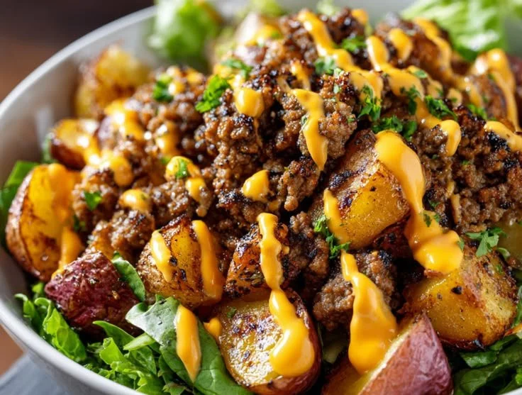 Savory smash burger bowl with fresh ingredients and vibrant toppings.