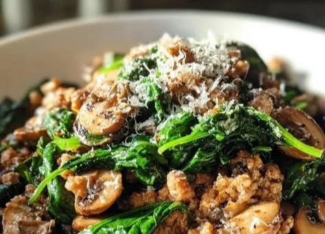 Delicious Turkey Spinach Mushroom dish served in a bowl