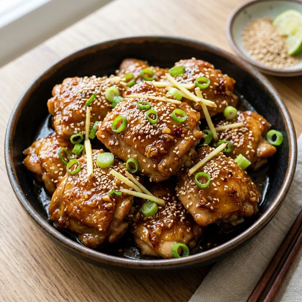 Delicious plate of Sesame Ginger Chicken garnished with sesame seeds and green onions.