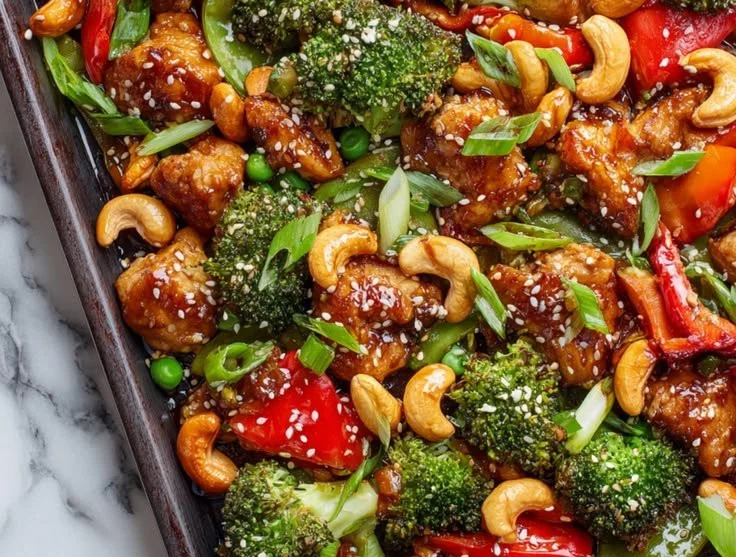 Sheet Pan Cashew Chicken with colorful vegetables ready to serve.