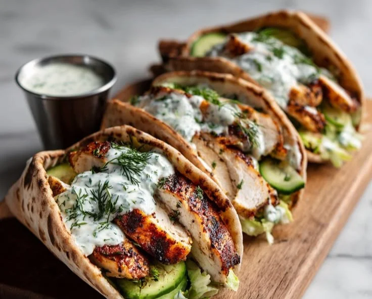 Delicious sheet pan chicken pitas with fresh vegetables and sauces ready to serve.