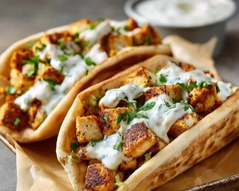 Sheet pan chicken pitas served with fresh vegetables and a flavorful sauce.