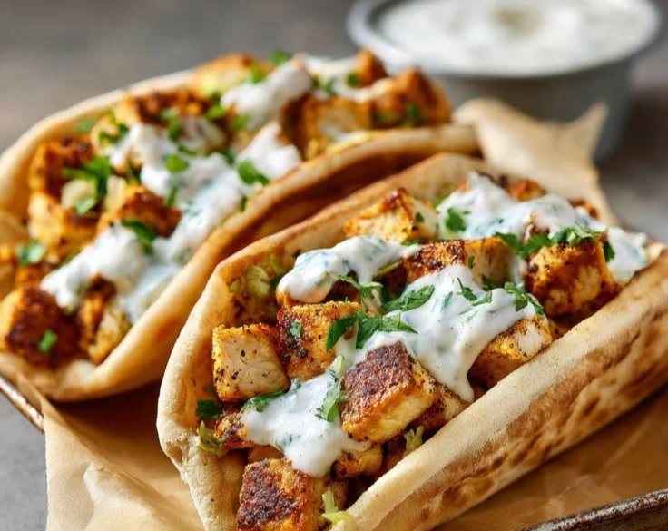 Delicious sheet pan chicken pitas filled with fresh veggies and savory chicken.