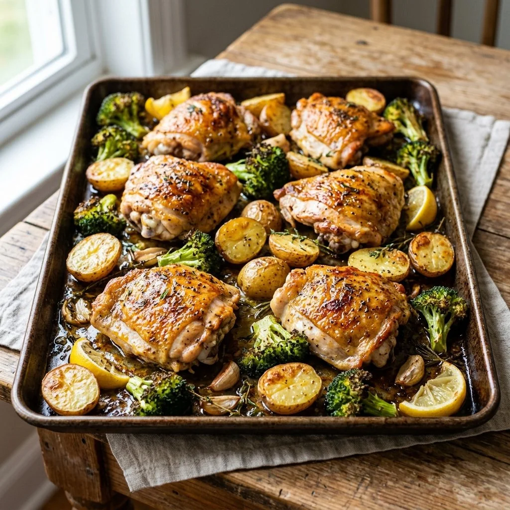 Roasted sheet pan chicken thighs with vegetables and herbs.