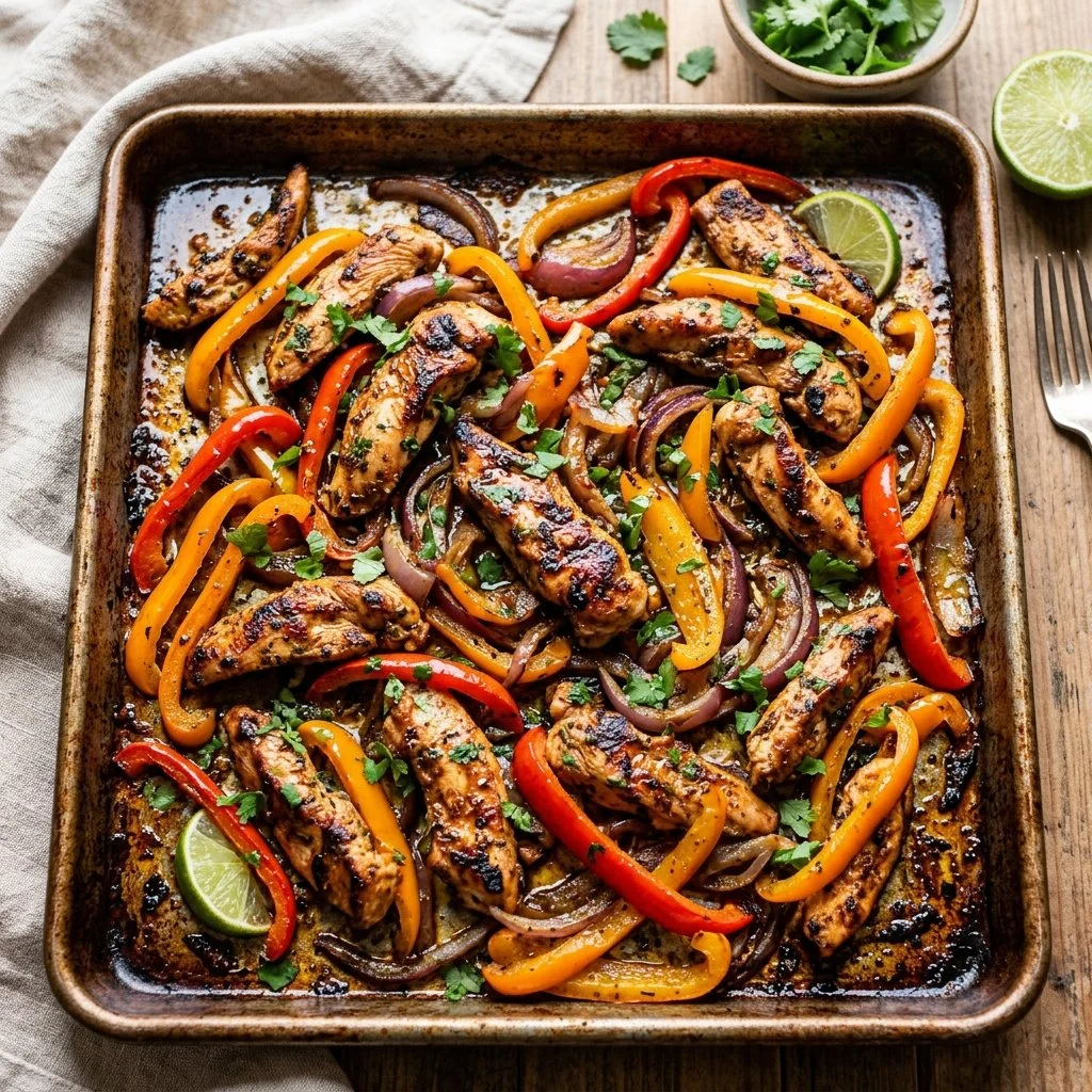 Delicious sheet pan fajitas with colorful bell peppers and juicy chicken