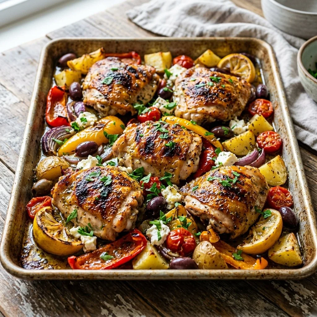 Delicious Sheet Pan Greek Chicken with vegetables and herbs