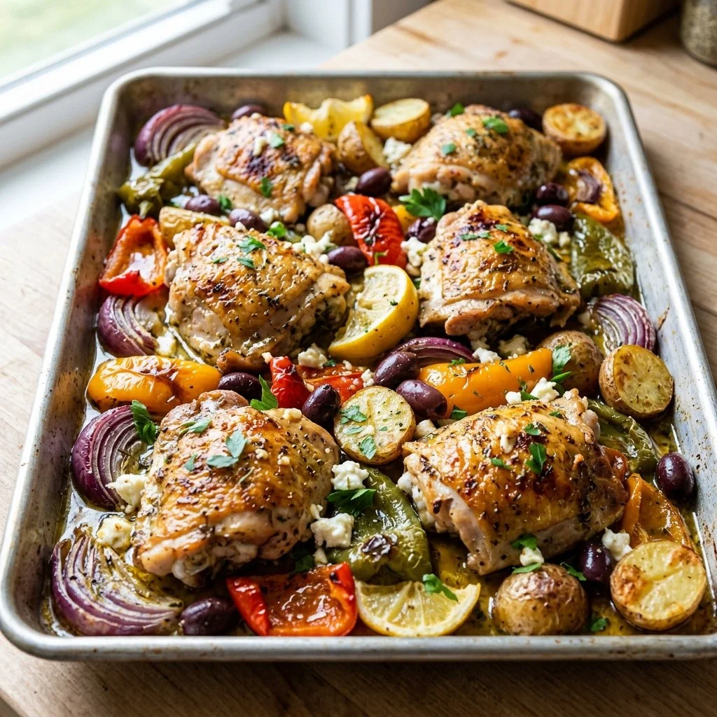 Sheet Pan Greek Chicken with vegetables and herbs ready to serve.
