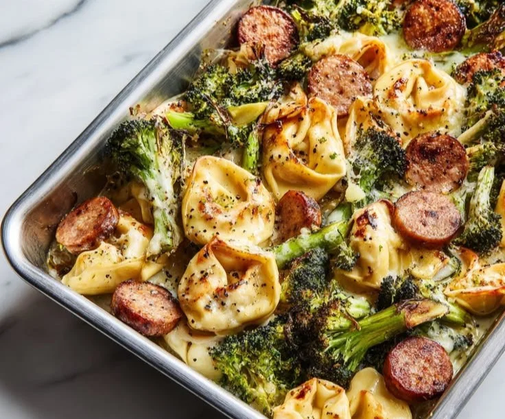 Sheet pan tortellini bake with broccoli baked to perfection