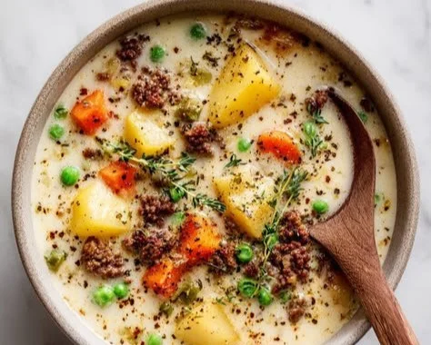 Bowl of hearty Shepherd's Pie Soup topped with herbs and served with bread