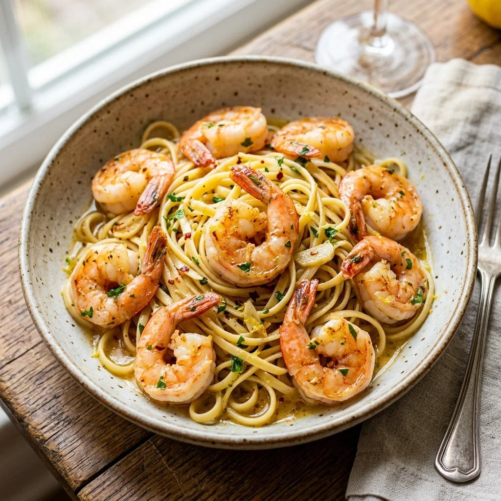 Delicious shrimp scampi pasta garnished with parsley and lemon.