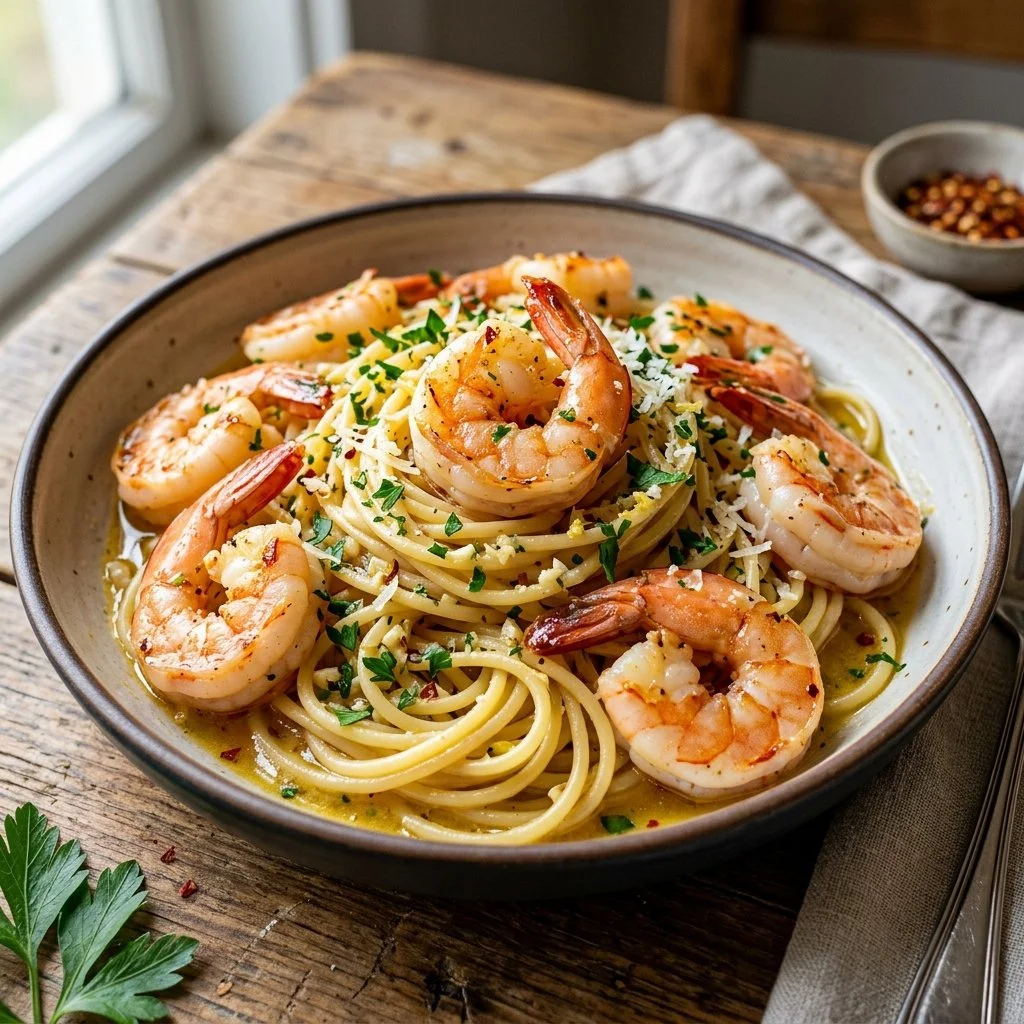 Shrimp Scampi Pasta with garlic butter sauce and fresh parsley