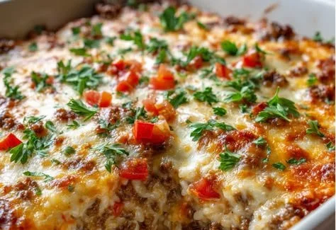 Delicious simple ground beef and rice casserole served in a baking dish