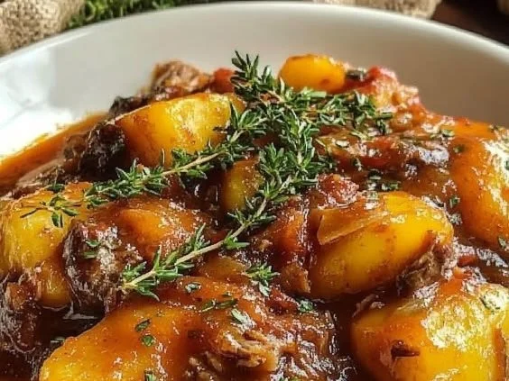Delicious slow cooker beef casserole served in a bowl with fresh herbs