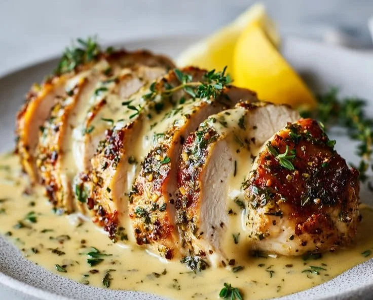 Delicious Slow Cooker Lemon Herb Chicken served on a plate with herbs