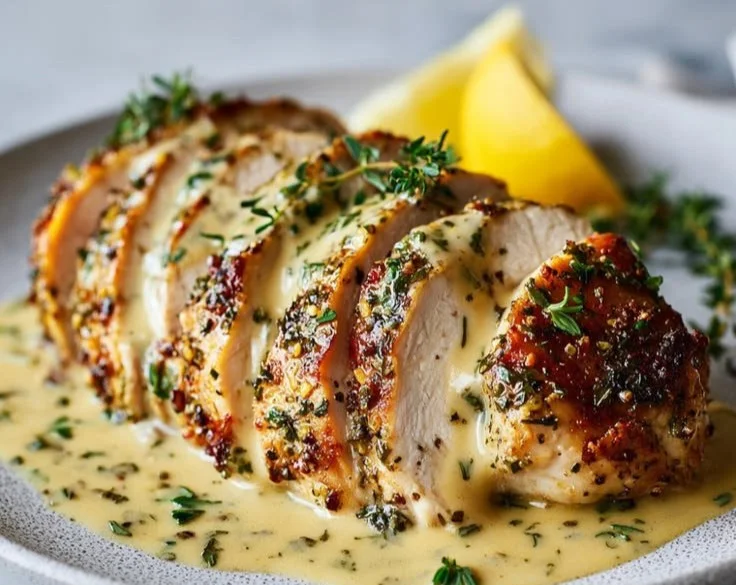 Delicious slow cooker lemon herb chicken garnished with fresh herbs