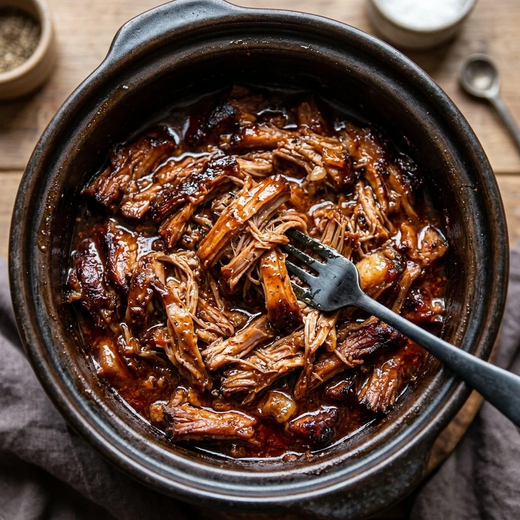 Delicious slow cooker pulled pork served with BBQ sauce and buns