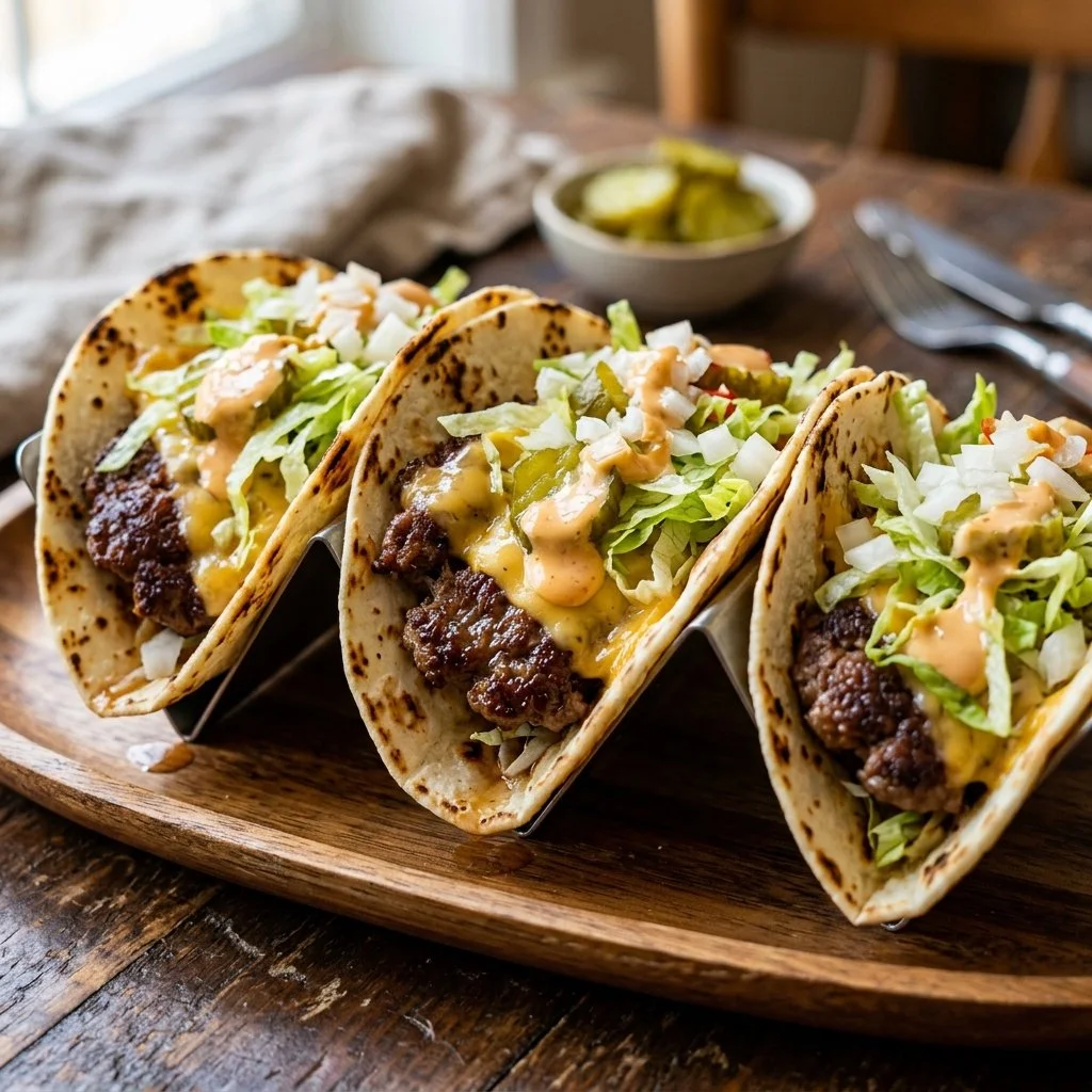 Savory Smash Burger Tacos topped with fresh ingredients and served on warm tortillas.