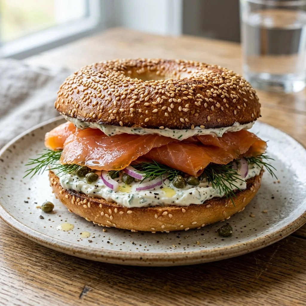 Delicious smoked salmon bagel with cream cheese, capers, and dill on a toasted bagel