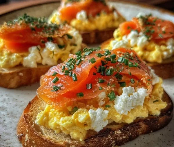 Smoked salmon crostini with egg-cheddar mousse on a rustic wooden board.
