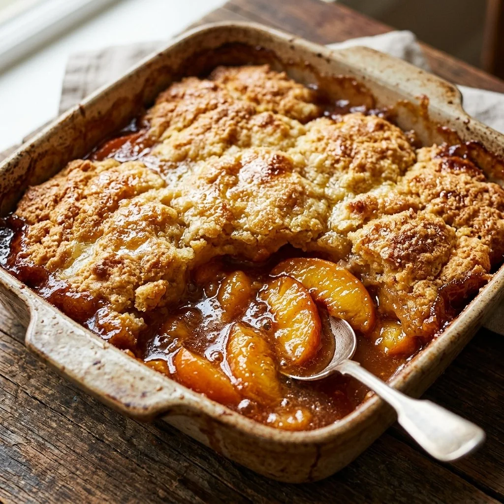 Delicious Southern Peach Cobbler with golden crust and juicy peaches.