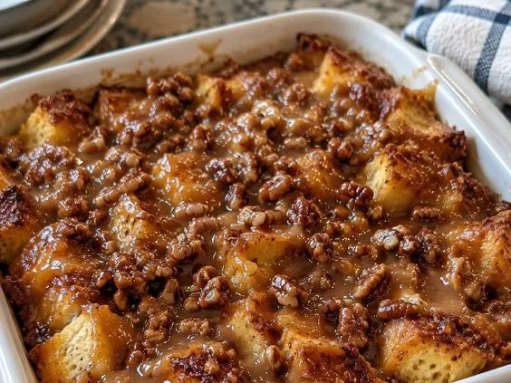 Delicious Southern Praline Bread Pudding topped with caramel sauce and pecans