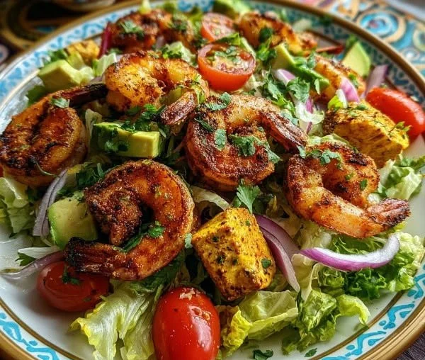 Spicy Cajun-style grilled shrimp salad with fresh vegetables