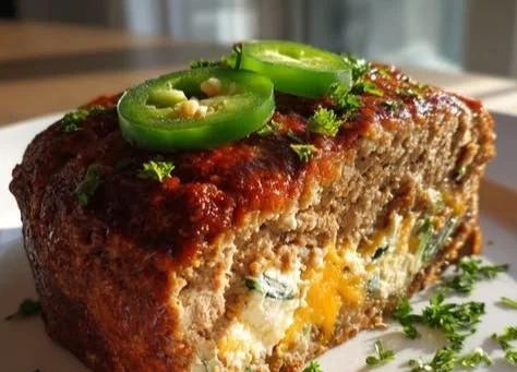 Spicy cheesy jalapeño popper stuffed beef meatloaf on a plate
