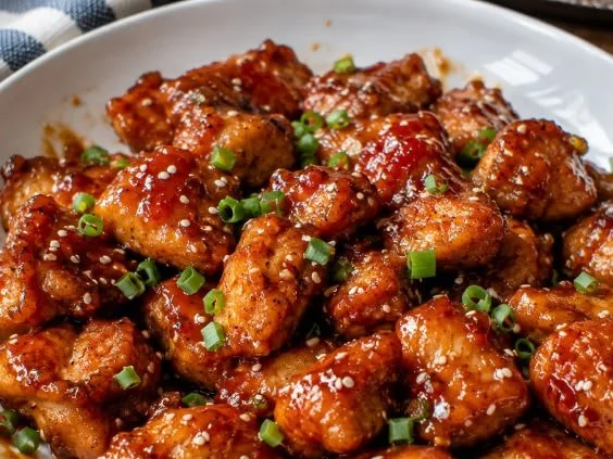 Plate of Spicy Honey Sriracha Chicken garnished with fresh herbs