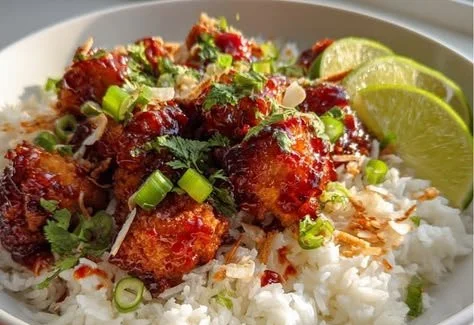 Delicious Spicy Maple Chicken served with Coconut Rice, a flavorful dish.