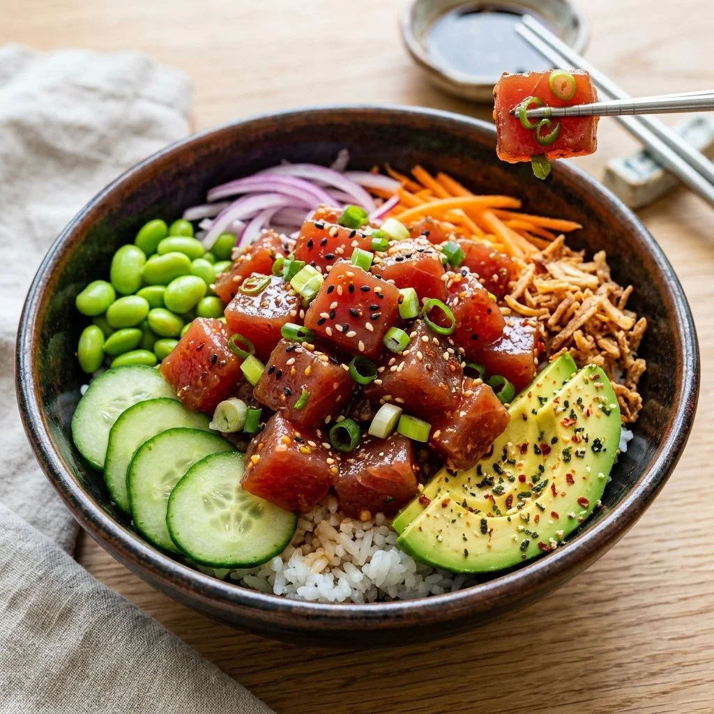 Delicious spicy tuna poke bowl with fresh ingredients and vibrant colors